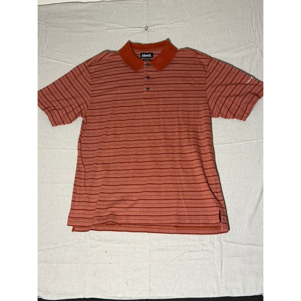 Ashworth Mens Large Polo Shirt Orange Striped Tartan Golf Club Cotton S/S